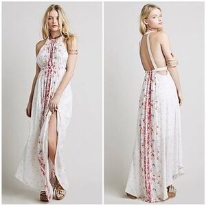 Free People Caught in the Moment Maxi, antique white/red, halter, backless,4,EUC